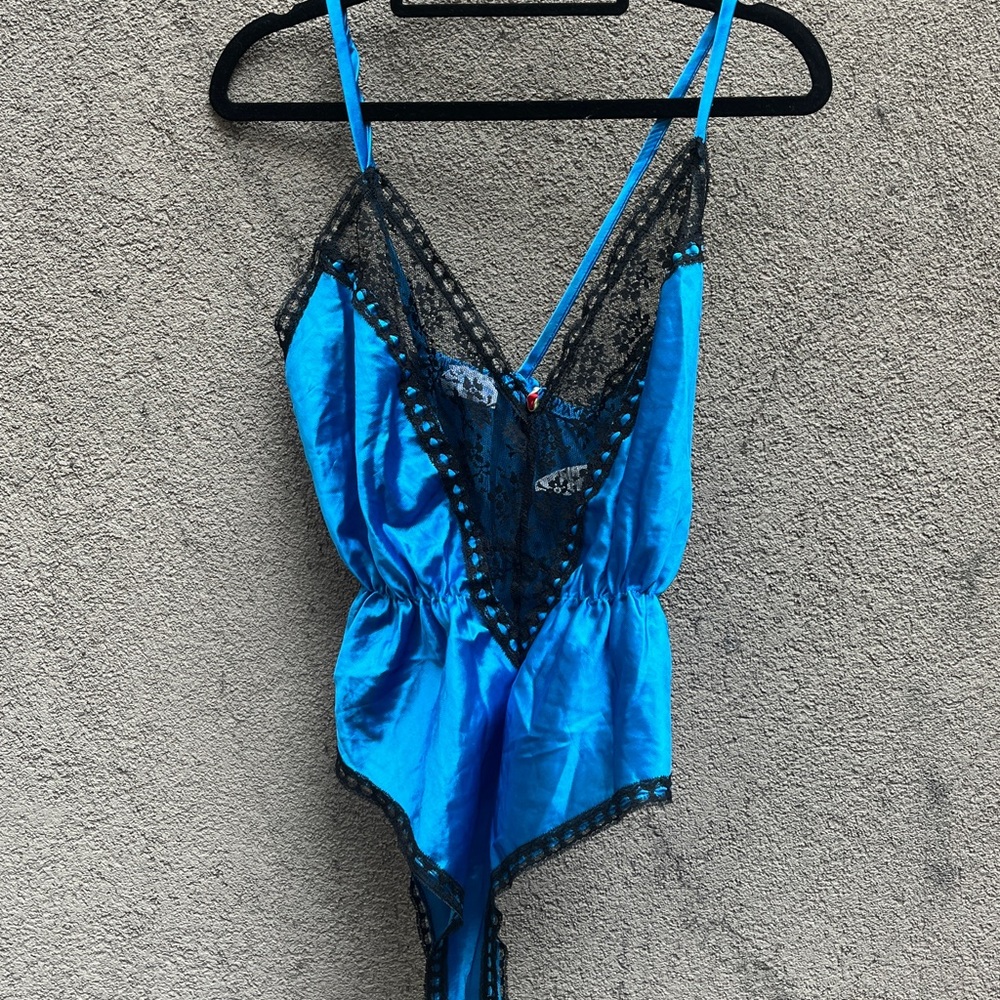 Vintage 80s Blue Lace Trim Romper
